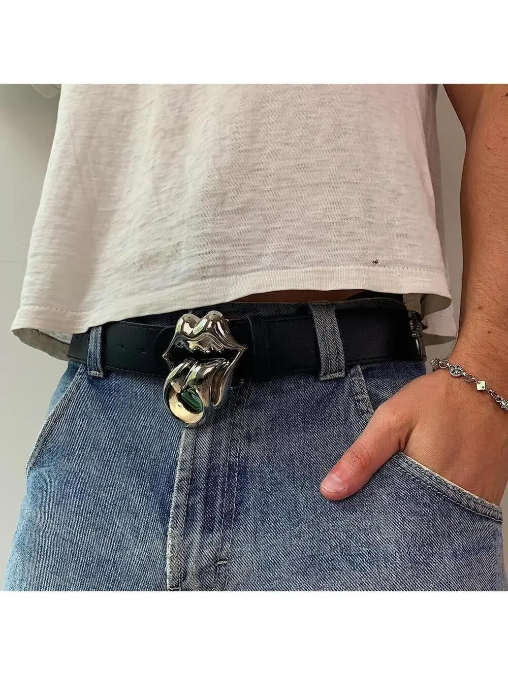 Grunge punk style Lip Tongue silver belt buckle. Punk gothic y2k style. 41 inche